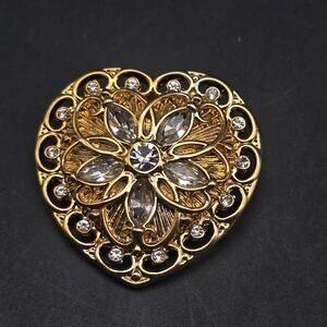 Avon Gold Tone Rhinestone Heart Brooch Open Work Vintage Jewelry
